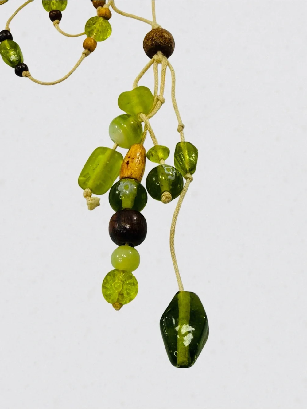 Handmade Glass Lime Green Brown Wood Bead Necklace 38” Boho Dangle Statement